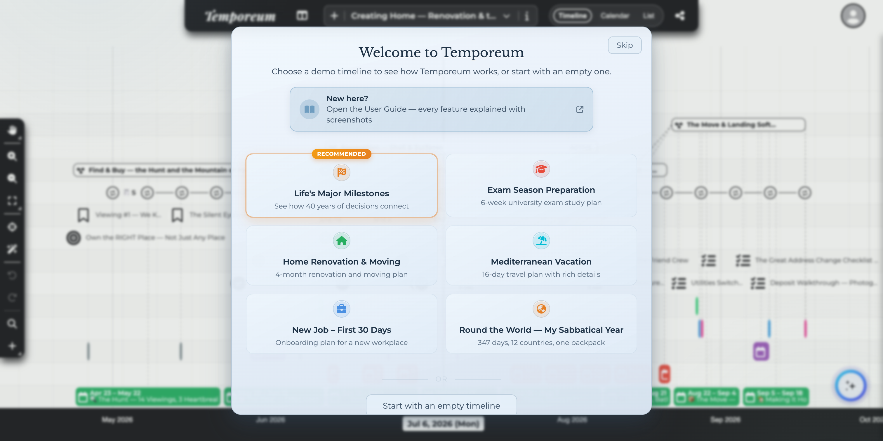 The 'Welcome to Temporeum' demo picker offering six ready-made timelines or an empty start.