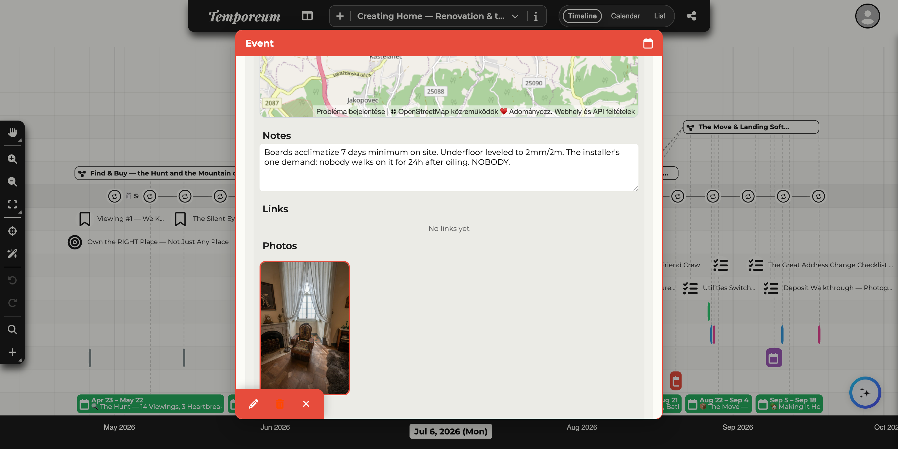 The attachment section of an event showing a location with a map, notes, links and a photo.