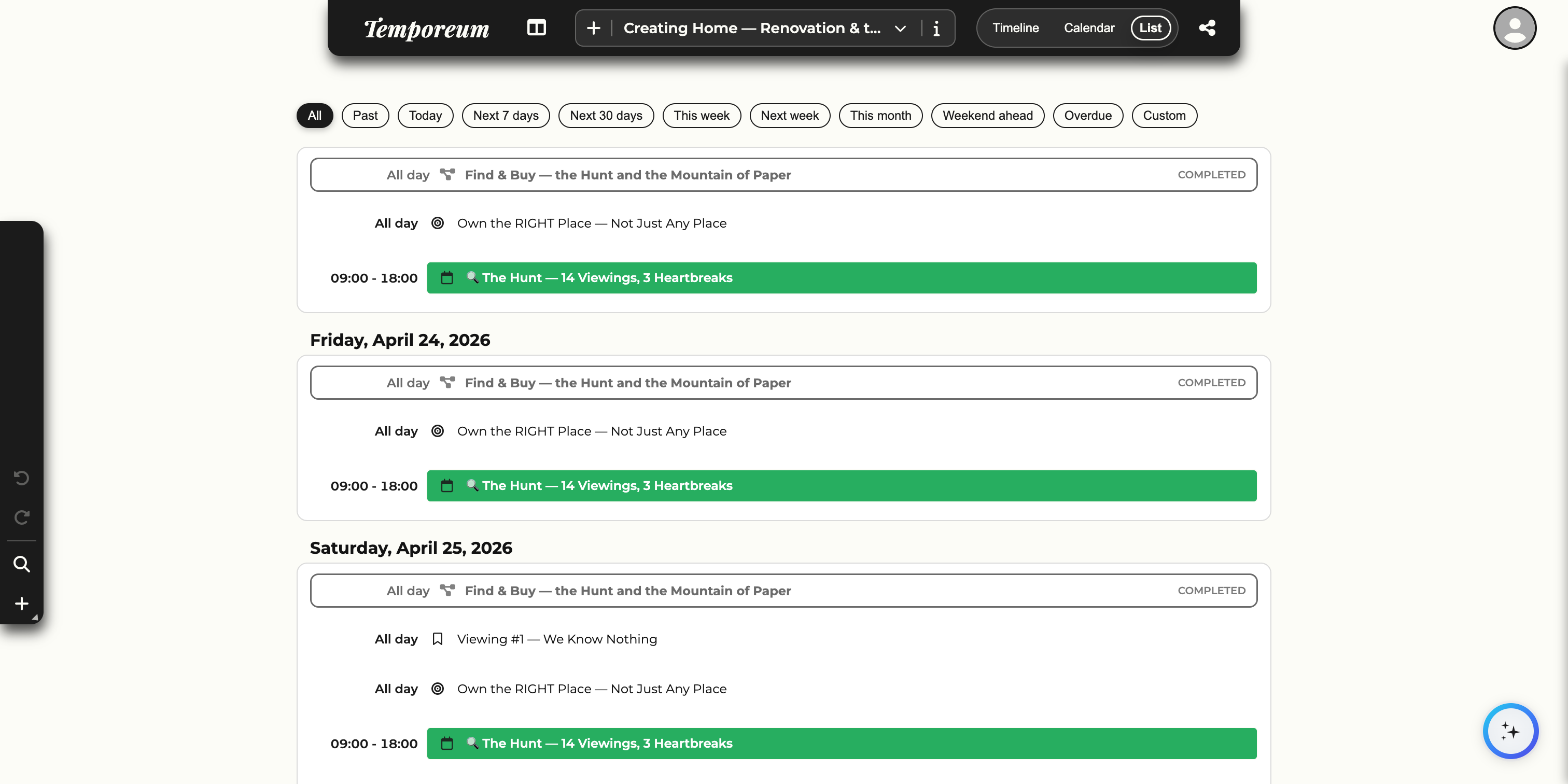 The List view with time-range filters and events grouped by date, showing The Hunt — 14 Viewings and its phase and goal.