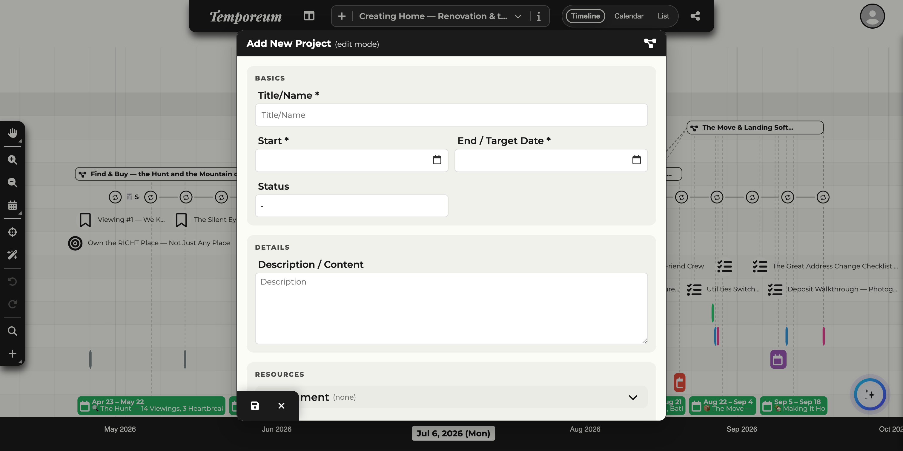 The Add New Project dialog showing a title, start and end/target dates, a status, a description and a resources section.