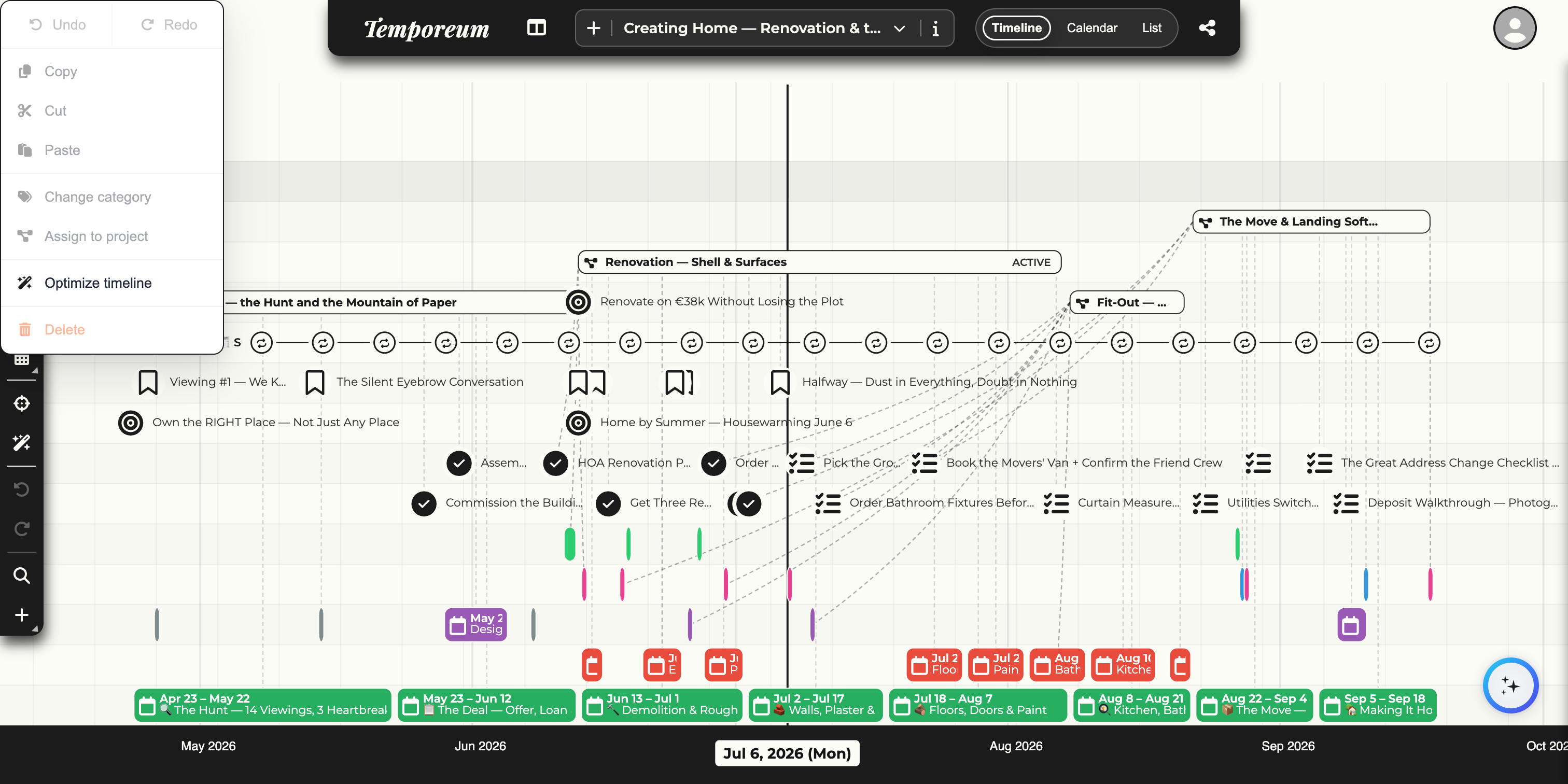 The selection action menu with Undo, Redo, Copy, Cut, Paste, Change category, Assign to project, Optimize timeline and Delete.