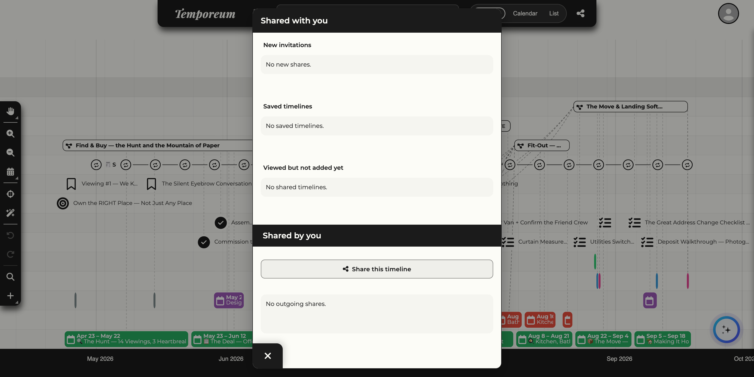The Shared panel with two halves: 'Shared with you' listing New invitations, Saved timelines and Viewed but not added yet, and 'Shared by you' with a Share this timeline button and outgoing shares.