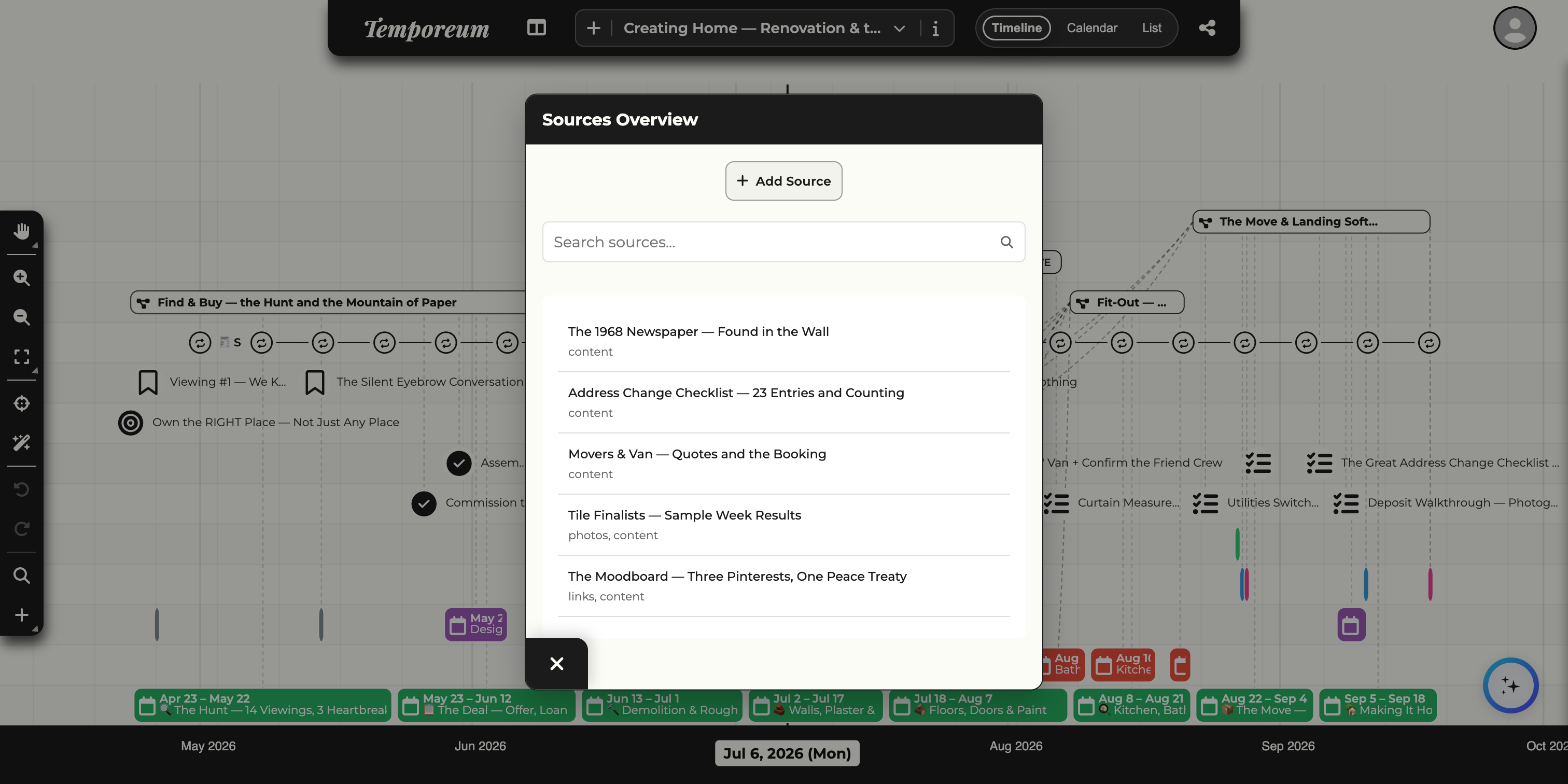 The Sources Overview listing reference sources such as The 1968 Newspaper, the Address Change Checklist and Movers & Van, each with its content types.