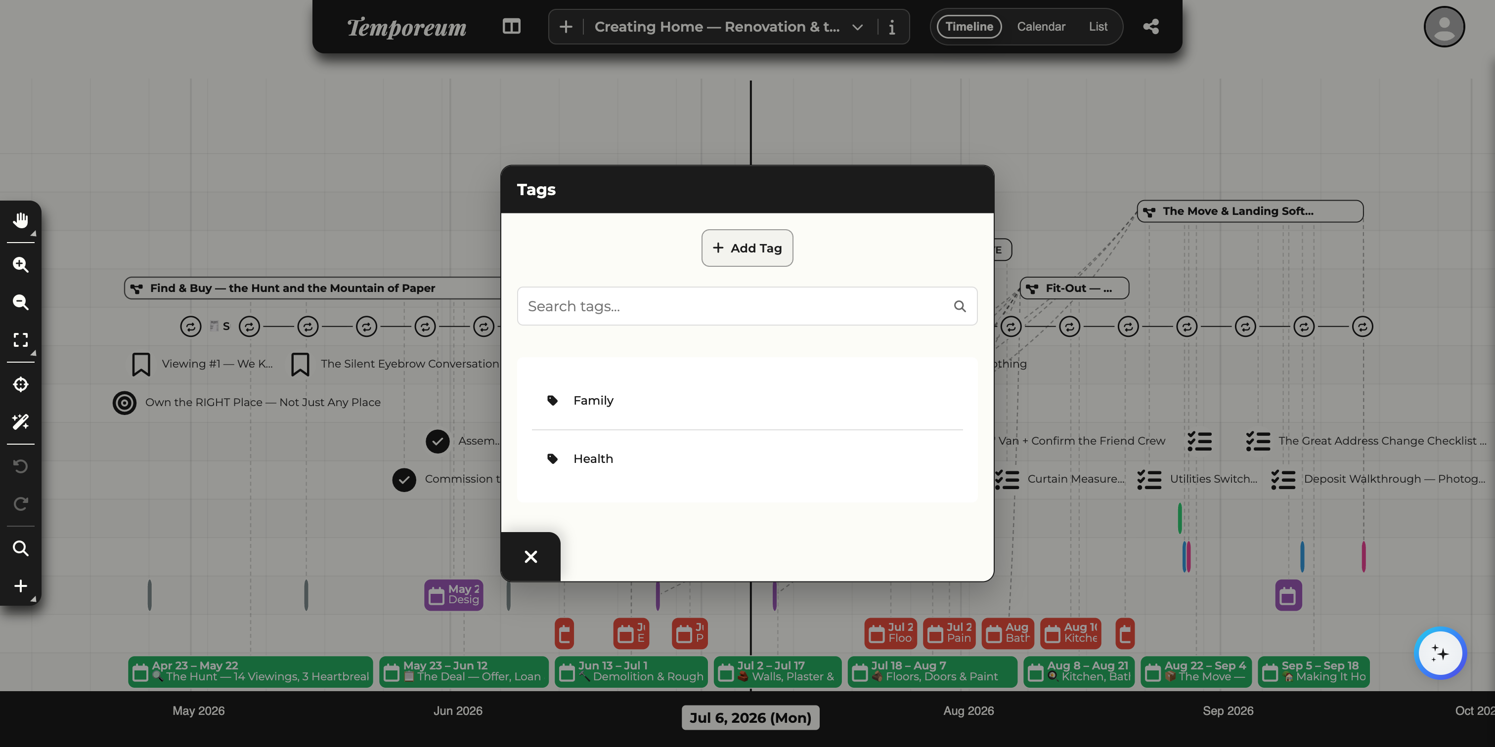 The Tags panel with an Add Tag button, a search box, and tags named Family and Health.