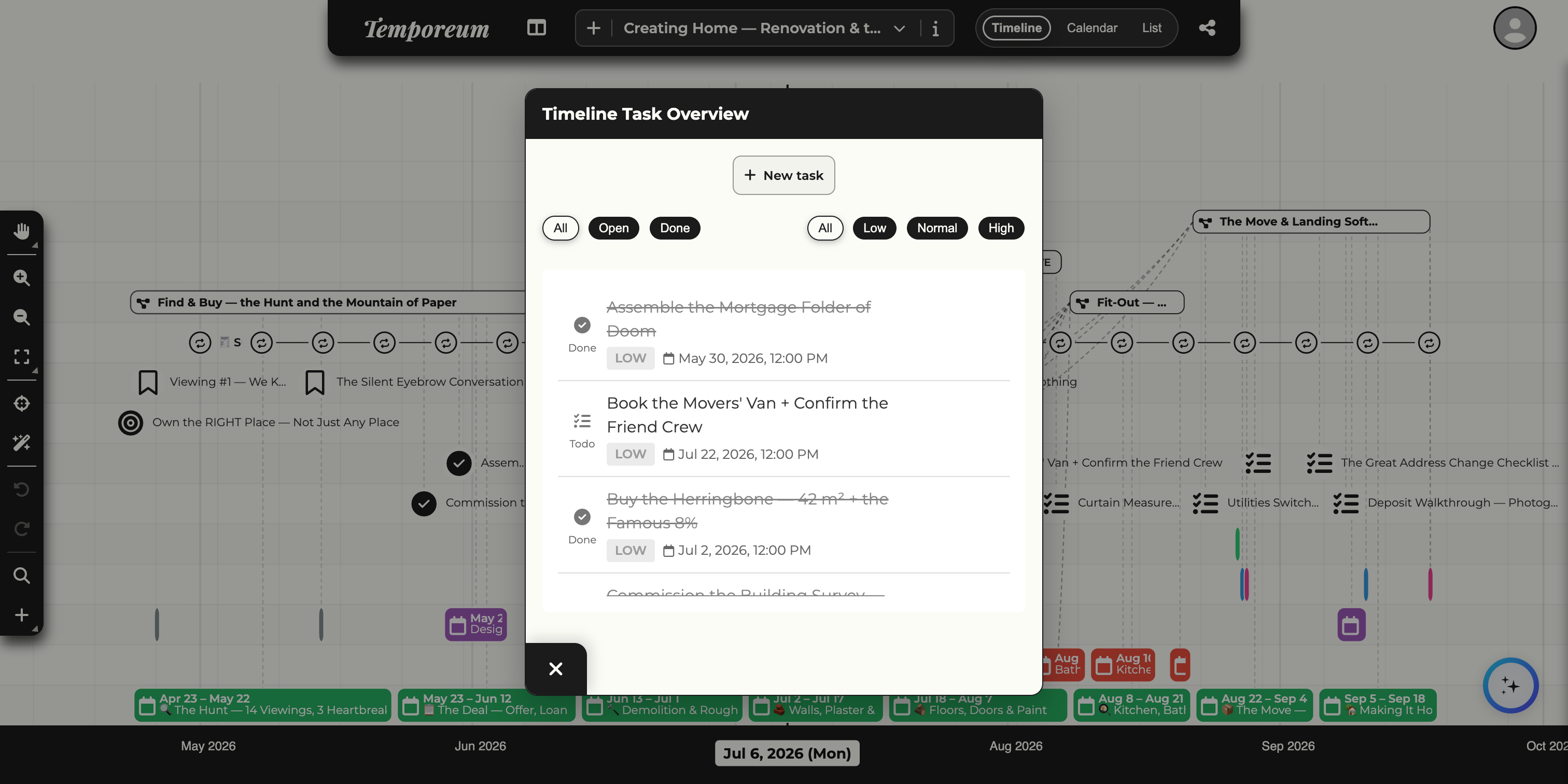 The Timeline Task Overview with a New task button, status and priority filters, and renovation tasks such as 'Book the Movers' Van'.